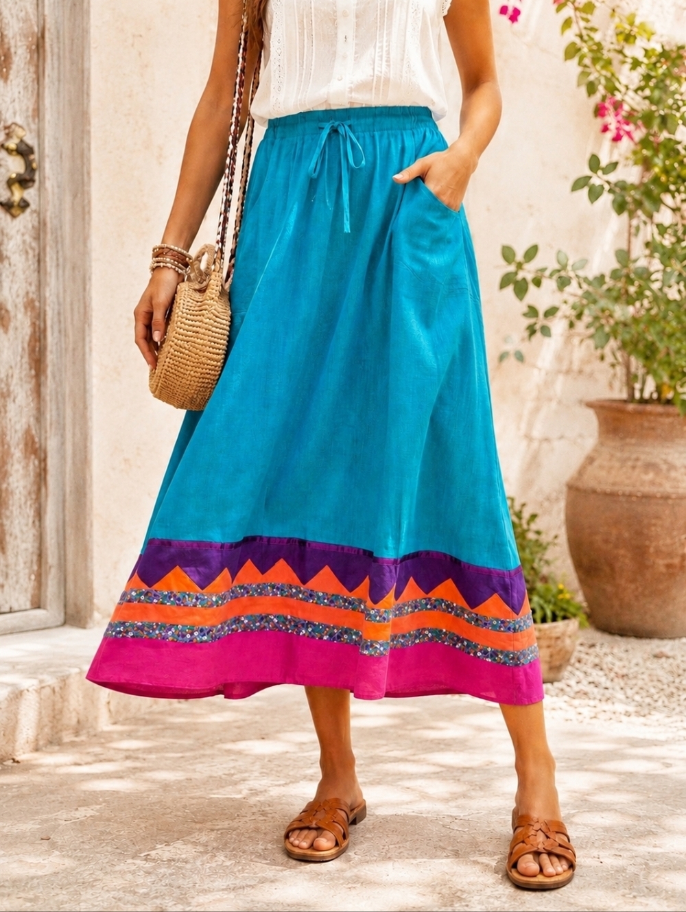 Vintage Southwestern Boho Cotton Maxi Skirt Bright Fiesta Folk Art Mexico M